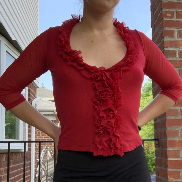 Vintage Red Mesh Ruffled Blouse - Size S - Picture 2 of 9